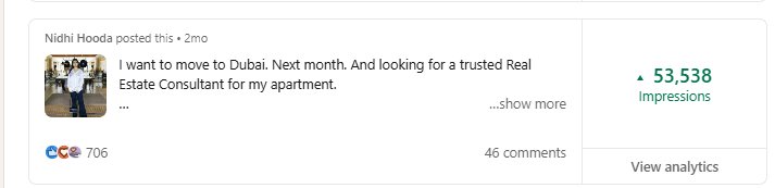 Verified LinkedIn analytics screenshot - Growpido client mandate performance (nidhi-post-53k)