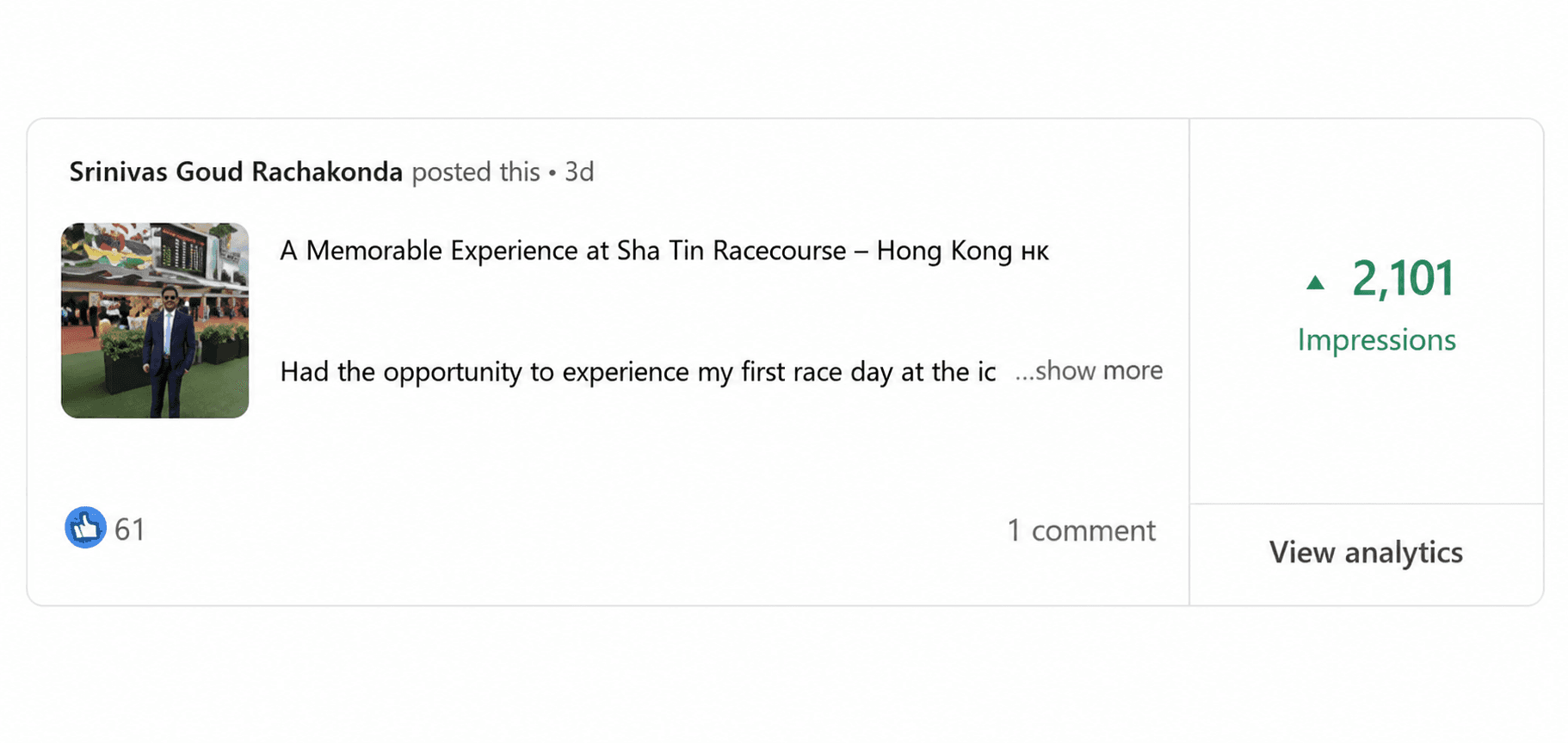 Verified LinkedIn analytics screenshot - Growpido client mandate performance (sri-post-impression2101)