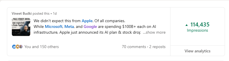 Verified LinkedIn analytics screenshot - Growpido client mandate performance (vineet-post-114k)